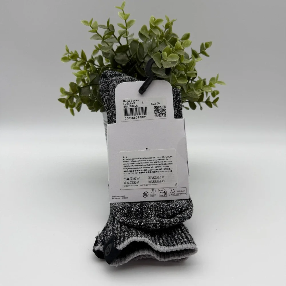 Lululemon Ragg Socks Black Silver Unisex Crew Length Size Large NWT